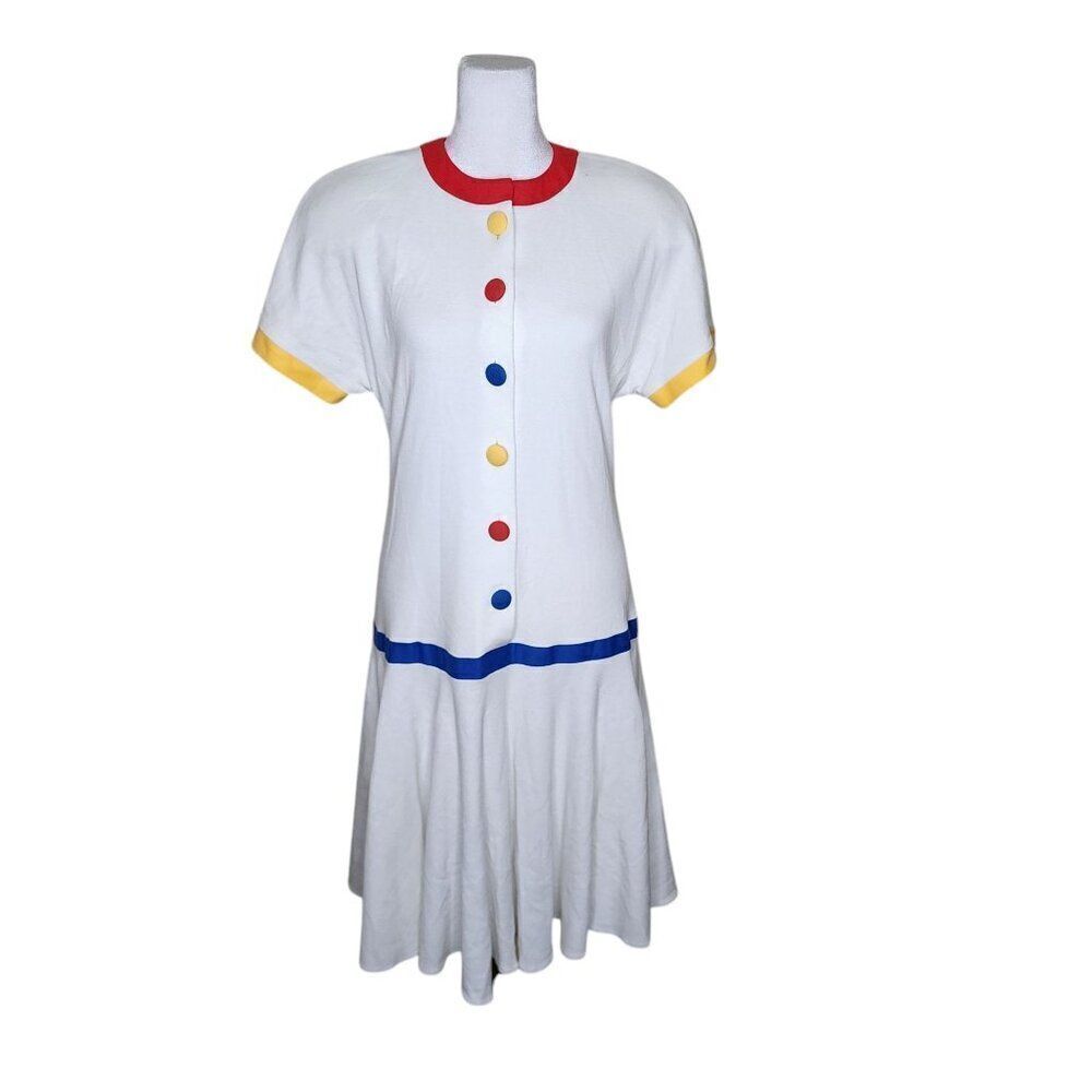Vintage 80s Drop Waist Short Sleeve Dress Womens 6 White Primary Colors Pleats